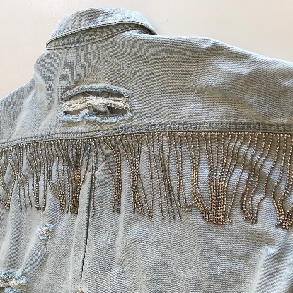 BLUE B. BUCKLE RHINESTONE FRINGE DENIM JACKET S/M LIGHT WASH CONCERT WESTERN - Picture 7 of 13